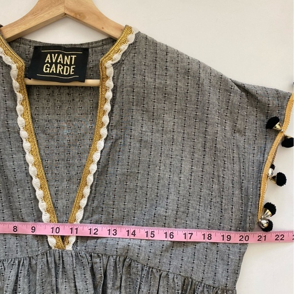 Avant Garde || Embroidered Tasseled Dress Cotton Black Gold Small - Picture 6 of 8